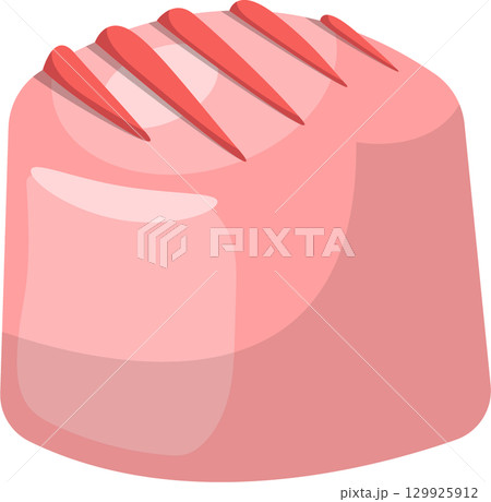 Stylized square dessert with red stripes, cartoon confectionery, minimal design, soft pink tones. 129925912