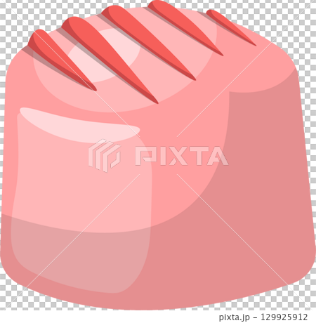 Stylized square dessert with red stripes, cartoon confectionery, minimal design, soft pink tones. 129925912