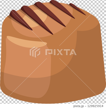 A cartoon illustration of a small, rectangular bread loaf with brown stripes across the top. 129925914