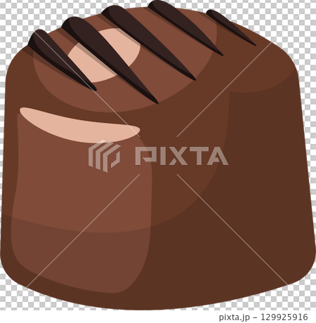 A square chocolate confection with a light tan design on the front and stripes on top. A square chocolate confection with a light tan design on the front and stripes on top. 129925916