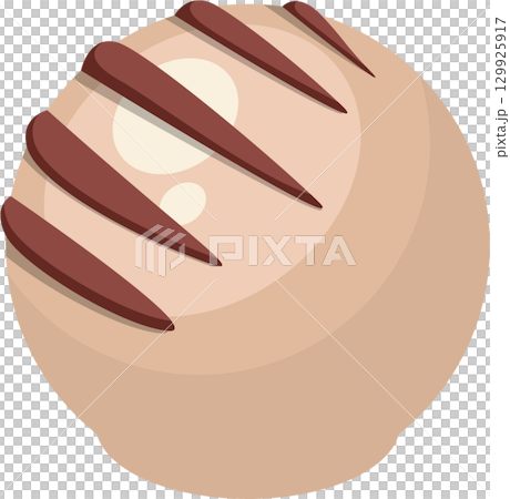 A cartoon illustration of a sphere with brown diagonal stripes against a light tan surface. A cartoon illustration of a sphere with brown diagonal stripes against a light tan surface. 129925917