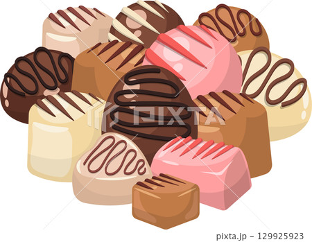 Assorted chocolates with various shapes, colors and designs for a sweet and decadent treat. 129925923