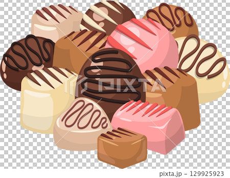 Assorted chocolates with various shapes, colors and designs for a sweet and decadent treat. 129925923