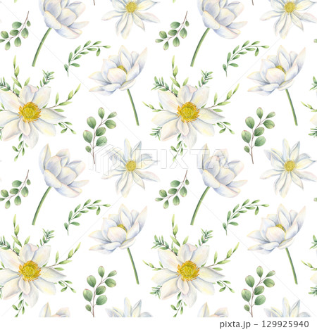White flowers and eucalyptus branches seamless watercolor pattern on isolated background. Blooming lotus and green leaves ornament illustration for packaging, textile design, wedding decor. 129925940