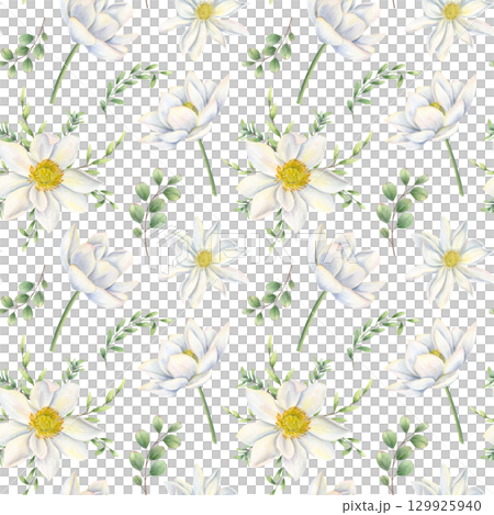 White flowers and eucalyptus branches seamless watercolor pattern on isolated background. Blooming lotus and green leaves ornament illustration for packaging, textile design, wedding decor. 129925940