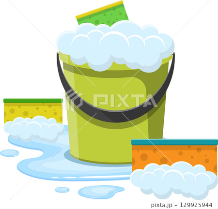 Cartoon bucket filled with soapsuds with sponges next to it, cleaning concept and household Cartoon bucket filled with soapsuds with sponges next to it, cleaning concept and household 129925944