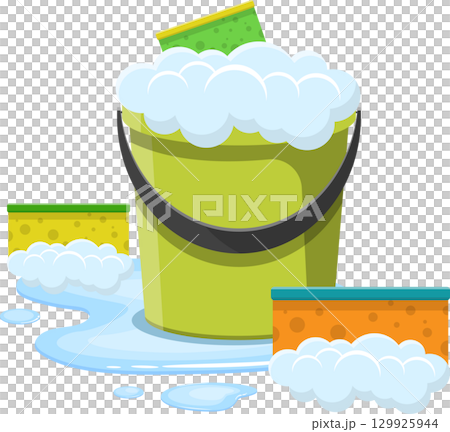 Cartoon bucket filled with soapsuds with sponges next to it, cleaning concept and household 129925944