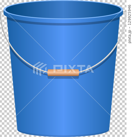 A blue bucket with silver handle and wooden grip, useful for carrying various items and liquids. 129925946