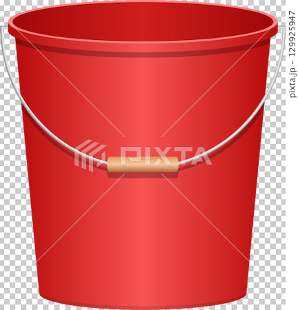 A red bucket with a silver handle and wooden grip against a black background. Isolated bucket. 129925947