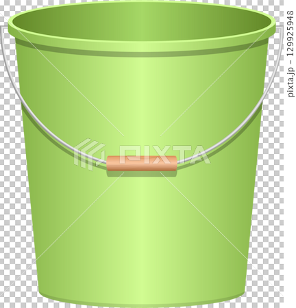 A light green bucket with a metal handle and a wooden grip, isolated against a black background. 129925948