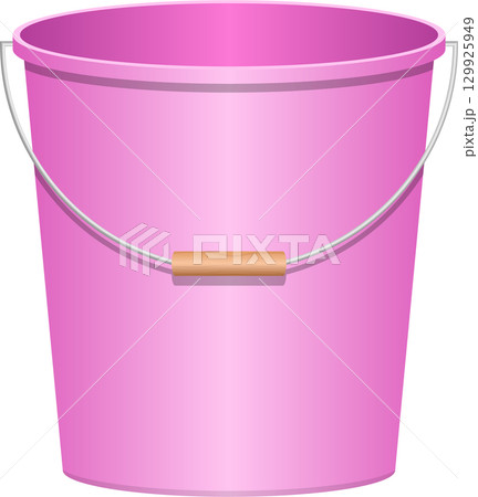 A pink bucket with a silver handle and wooden grip, isolated on a plain dark background. 129925949