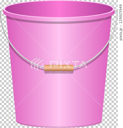 A pink bucket with a silver handle and wooden grip, isolated on a plain dark background. 129925949