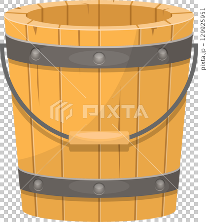 A wooden bucket with a metal handle and metal bands around it, shown against black background. 129925951
