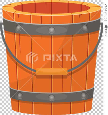 A cartoon-style wooden bucket with metal straps and a handle, suitable for various uses. A cartoon-style wooden bucket with metal straps and a handle, suitable for various uses. 129925952