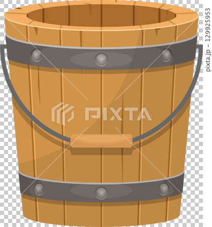 Wooden pail with metal handle and bands around the top and bottom, against a black background. 129925953