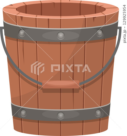 A rustic wooden bucket with metal bands and handle, cartoon style. Perfect for water or storage. 129925954