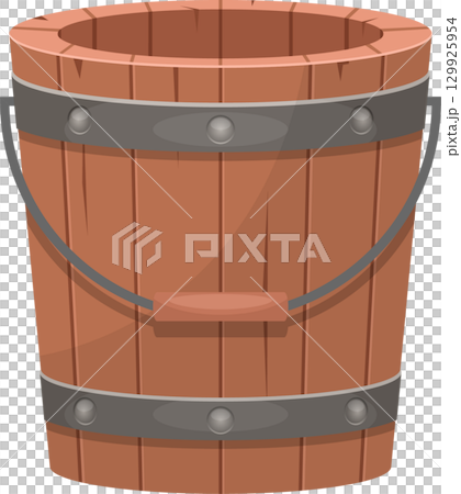 A rustic wooden bucket with metal bands and handle, cartoon style. Perfect for water or storage. 129925954
