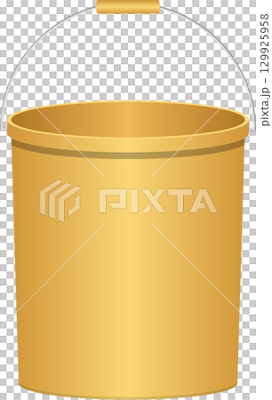 A golden yellow bucket with a silver handle, isolated against a stark black backdrop. Utility item. 129925958