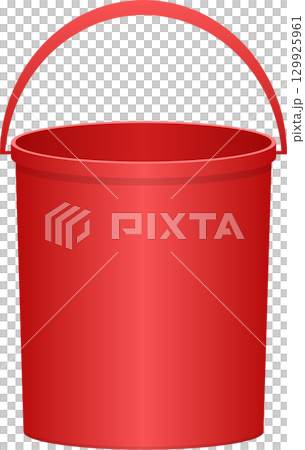A red bucket with a handle stands ready to be filled, isolated against a black background. 129925961