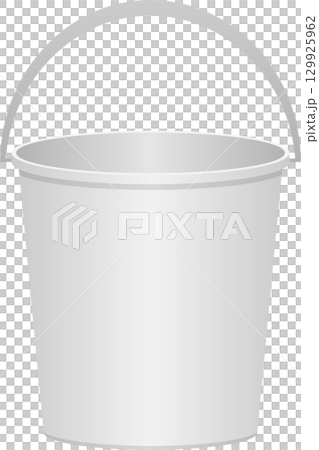 A gray bucket with a metallic handle stands ready, useful for carrying water and other things. 129925962