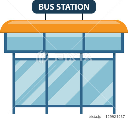 Stylized bus station illustration with an orange roof and reflective glass panels on a dark background 129925987