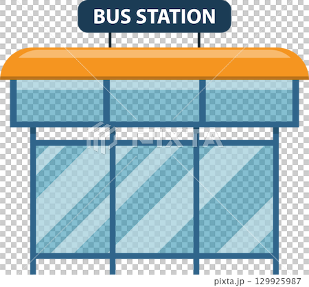 Stylized bus station illustration with an orange roof and reflective glass panels on a dark background 129925987
