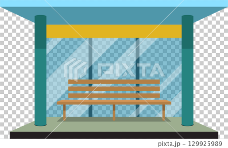 Illustrated bus stop with blue panes, a yellow accent, and a simple wood bench. Isolated. 129925989