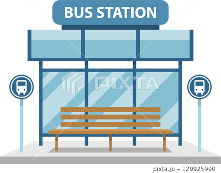 Illustration of a bus station with shelter, bench, and signage indicating its purpose for transport. 129925990