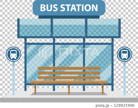 Illustration of a bus station with shelter, bench, and signage indicating its purpose for transport. 129925990