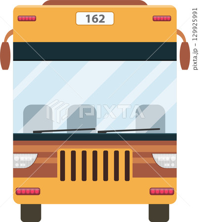 Illustration of a yellow transit bus with a number designation for transportation and commuting. 129925991