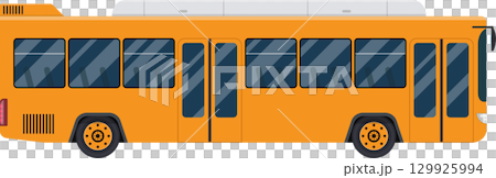 Side profile of a vibrant yellow bus showcasing its design elements and public transportation role. 129925994