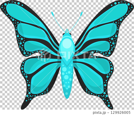 A cartoon butterfly is shown against a black background, featuring teal and black wing colors. A cartoon butterfly is shown against a black background, featuring teal and black wing colors. 129926005