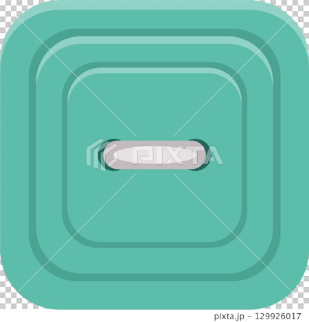 Stylized illustration of a square aqua-colored button with a gray bar through the center. 129926017
