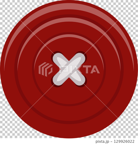 A round, red button with a glossy finish and white thread stitched in a cross pattern. 129926022
