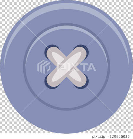 A circular, periwinkle blue button with light gray stitching in an X-shape. Sewing accessory. A circular, periwinkle blue button with light gray stitching in an X-shape. Sewing accessory. 129926023
