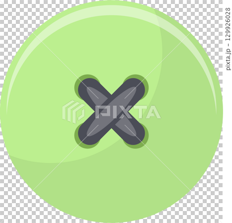 Cartoon depiction of a vibrant light green round sewing button with gray cross stitch detail. 129926028