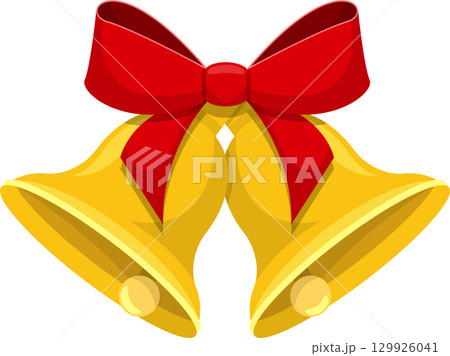 Two golden bells adorned with a vibrant red bow, a symbol of celebration and festive cheer. 129926041