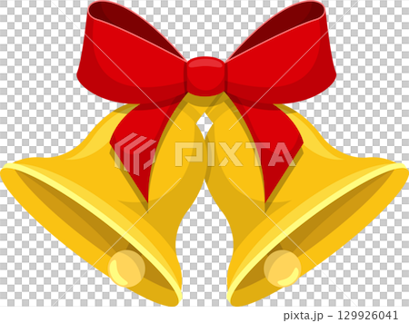 Two golden bells adorned with a vibrant red bow, a symbol of celebration and festive cheer. 129926041