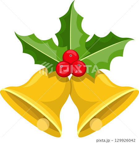 Golden bells adorned with holly leaves and red berries, a festive symbol on a black background. 129926042