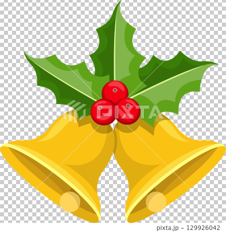 Golden bells adorned with holly leaves and red berries, a festive symbol on a black background. 129926042