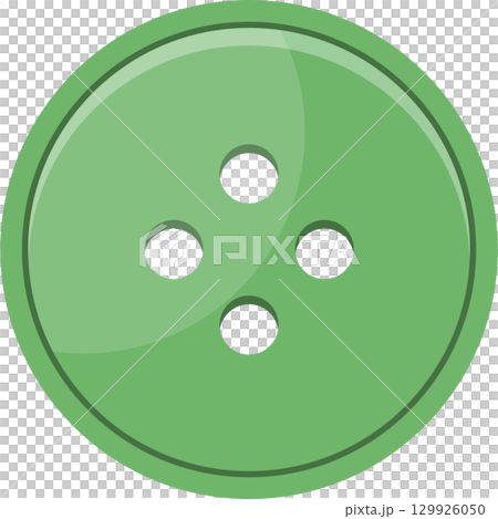 A light green, round button with three holes, two white and one black, set against black background. 129926050