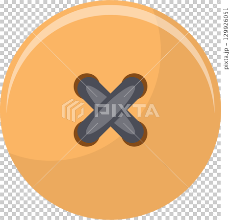 A tan, glossy button with a dark gray 'X' shape where thread would go through the button. 129926051