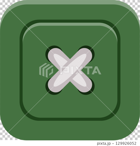 A green square button with a stitched x design, commonly used for clothing and accessories. 129926052