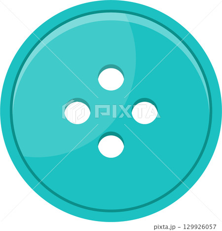 A cartoon-style, light-blue sewing button with three holes isolated on a black background. 129926057