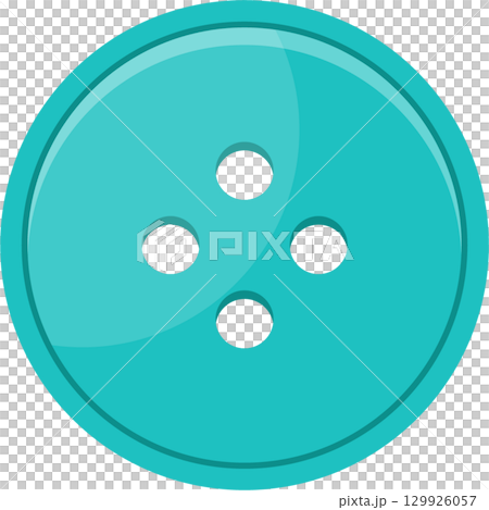 A cartoon-style, light-blue sewing button with three holes isolated on a black background. 129926057