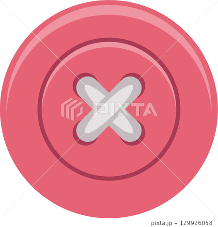 A pink cartoon button with four holes and white thread, isolated on a dark background. 129926058