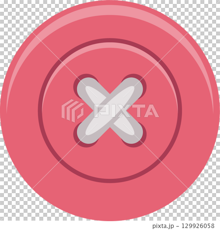 A pink cartoon button with four holes and white thread, isolated on a dark background. 129926058
