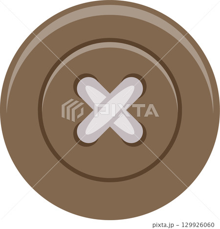 A taupe button with an off-white, crossed thread detail sits on a solid black background. A taupe button with an off-white, crossed thread detail sits on a solid black background. 129926060