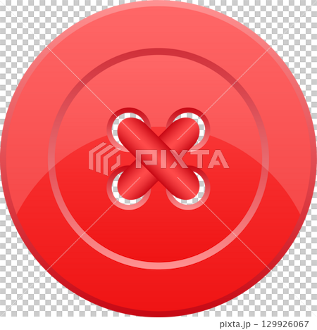 A shiny, red, round sewing button with a criss-cross thread detail on a black background. 129926067