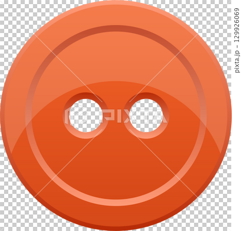A single orange sewing button with two holes and a shiny surface stands against a black background. A single orange sewing button with two holes and a shiny surface stands against a black background. 129926069